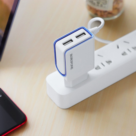 Зарядное устройство BOROFONE BA35A Brilliant 2*USB, 2.1A, белый, кабель Type-C